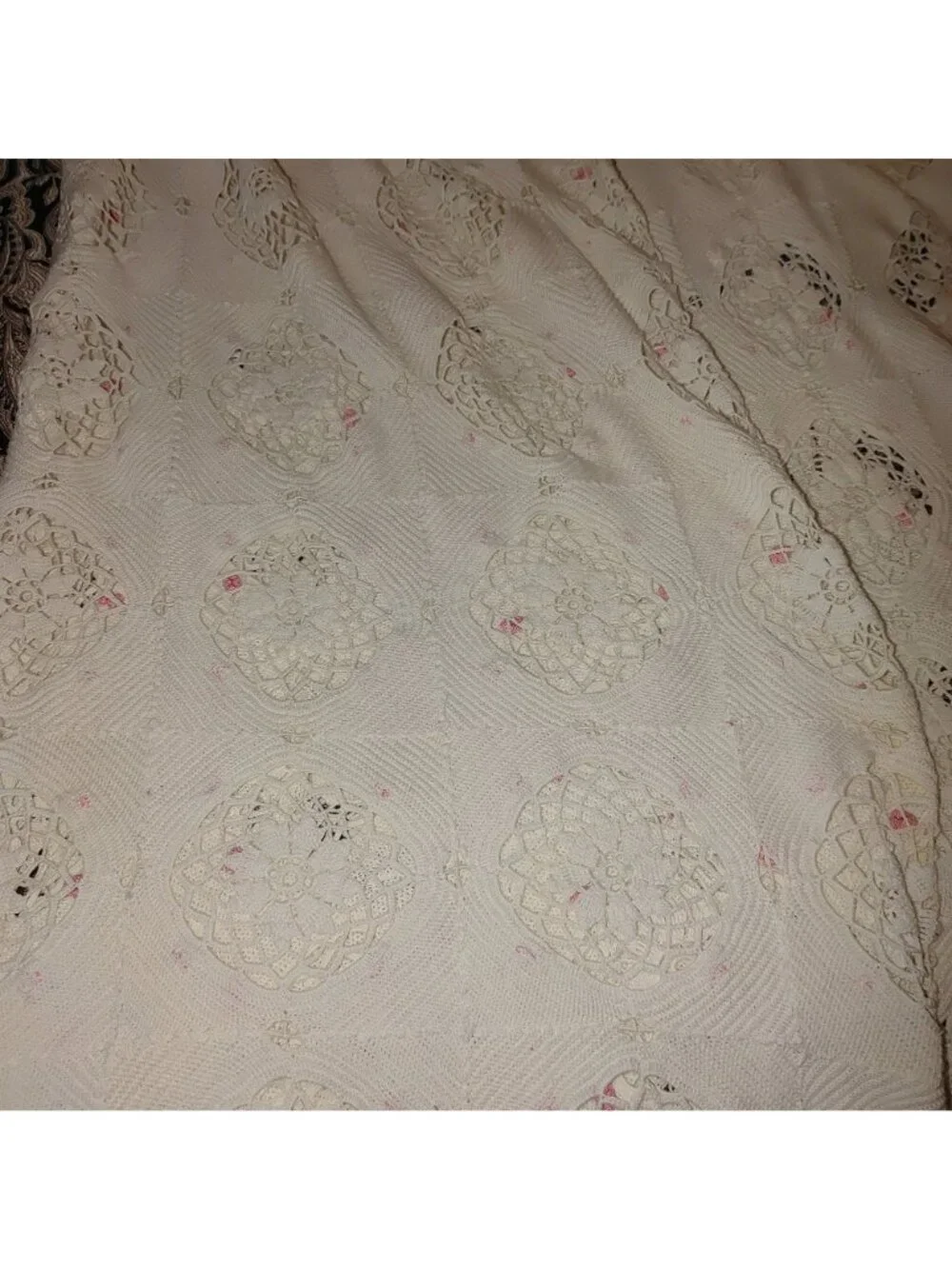 White Crochet King Bedspread Vintage Handmade Lattice Tassel Lace Floral Flower